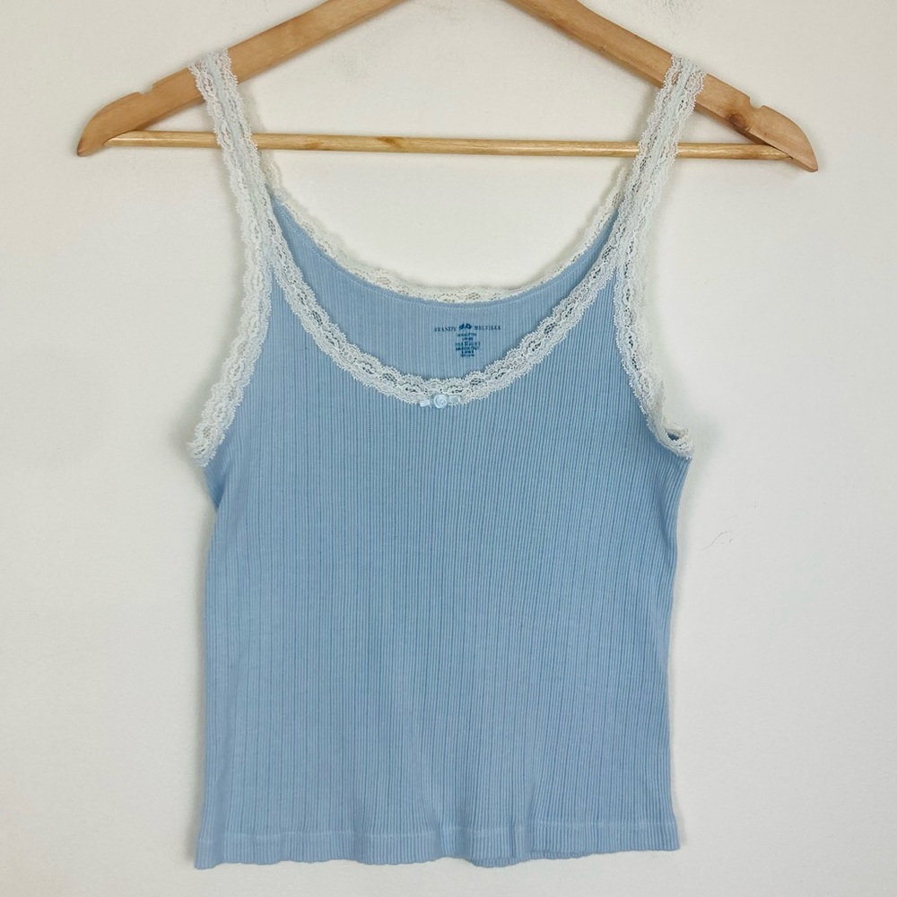 Brandy Melville pale blue ribbed lace trimmed cotton tank top slightly cropped S
